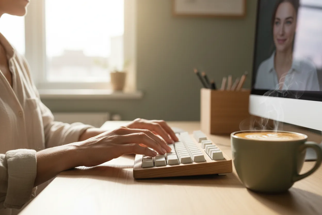 A clinician working comfortably from a bright home office