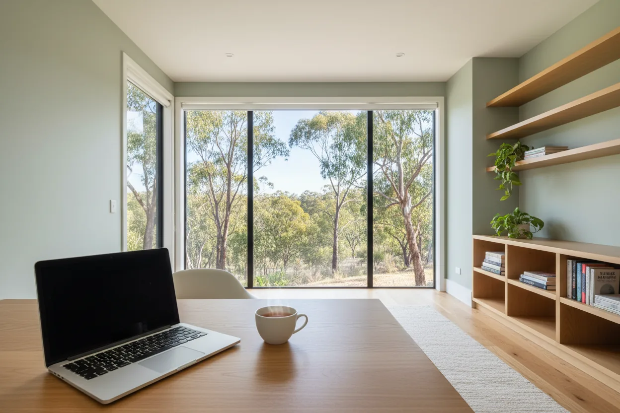Bright, calming home office set up for a telehealth psychiatry appointment
